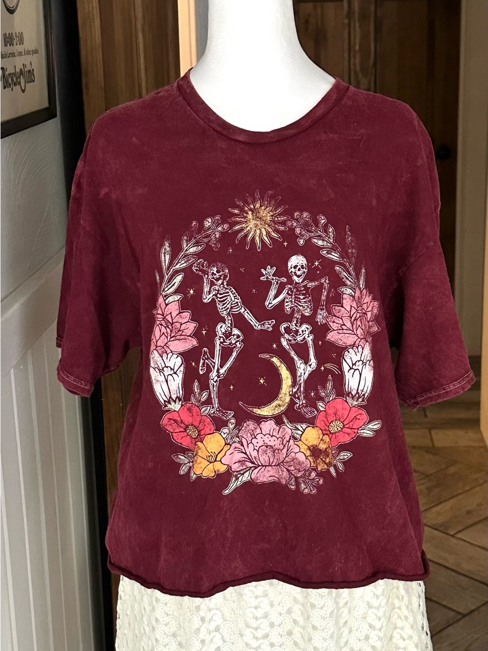 Fifth Sun Skeleton Floral Burgundy Graphic Tee Acid Wash Boho Goth XL